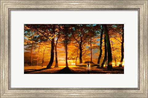 Framed Alien and UFO in the forest Print