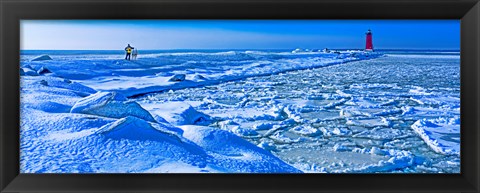 Framed Manistique Lighthouse in winter, Upper Peninsula, Michigan, USA Print