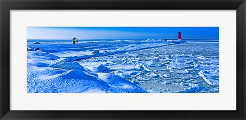 Framed Manistique Lighthouse in winter, Upper Peninsula, Michigan, USA Print