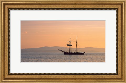 Framed Tall ship in the Baie De Douarnenez at sunrise, Finistere, Brittany, France Print