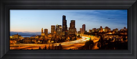 Framed Skyscrapers lit up at dusk in a city, Seattle, King County, Washington State, USA 2013 Print