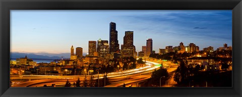 Framed Skyscrapers lit up at dusk in a city, Seattle, King County, Washington State, USA 2013 Print