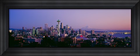 Framed High angle view of a city at sunrise, Seattle, Mt Rainier, Washington State Print