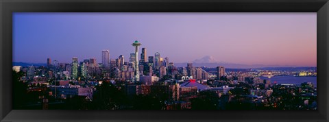 Framed High angle view of a city at sunrise, Seattle, Mt Rainier, Washington State Print