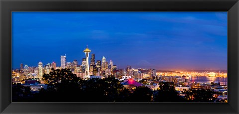 Framed High angle view of a city at dusk, Seattle, King County, Washington State, USA 2012 Print