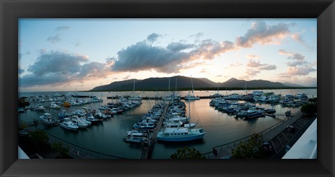 Framed Boats at a marina at dusk, Shangri-La Hotel, Cairns, Queensland, Australia Print