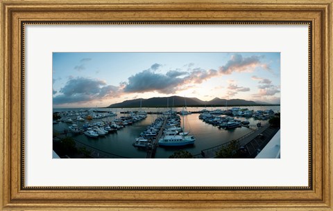 Framed Boats at a marina at dusk, Shangri-La Hotel, Cairns, Queensland, Australia Print