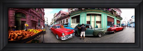 Framed 360 degree view of old cars and fruit stand on a street, Havana, Cuba Print