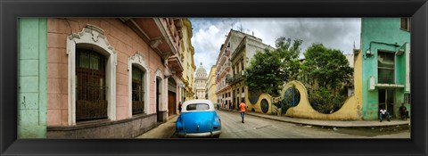 Framed Car in a street with a government building in the background, El Capitolio, Havana, Cuba Print