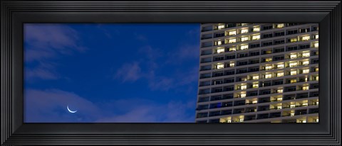 Framed Low angle view of the Marina Bay Sands Shopping Centre with crescent moon, Marina Bay, Singapore Print