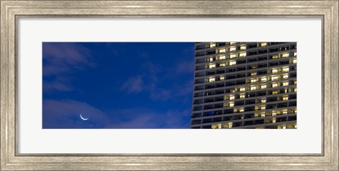 Framed Low angle view of the Marina Bay Sands Shopping Centre with crescent moon, Marina Bay, Singapore Print