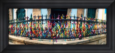 Framed Colorful Bonfim wish ribbons tied around at Church of Nosso Senhor do Bonfim, Pelourinho, Salvador, Bahia, Brazil Print