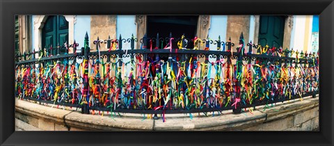 Framed Colorful Bonfim wish ribbons tied around at Church of Nosso Senhor do Bonfim, Pelourinho, Salvador, Bahia, Brazil Print