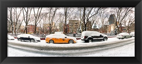 Framed Snow covered cars parked on the street in a city, Lower East Side, Manhattan, New York City, New York State, USA Print