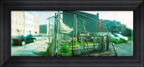 Framed Broken gate to a construction yard on a street, Williamsburg, Brooklyn, New York City, New York State, USA Print