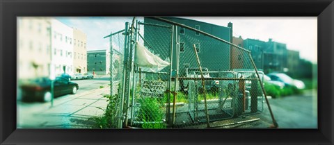 Framed Broken gate to a construction yard on a street, Williamsburg, Brooklyn, New York City, New York State, USA Print