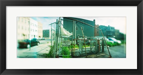 Framed Broken gate to a construction yard on a street, Williamsburg, Brooklyn, New York City, New York State, USA Print