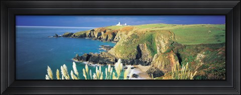 Framed High angle view of a coast, Housel Bay, Lizard Lighthouse, Lizard Point, Cornwall, England Print