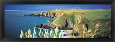 Framed High angle view of a coast, Housel Bay, Lizard Lighthouse, Lizard Point, Cornwall, England Print