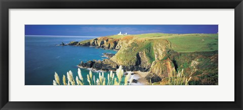 Framed High angle view of a coast, Housel Bay, Lizard Lighthouse, Lizard Point, Cornwall, England Print