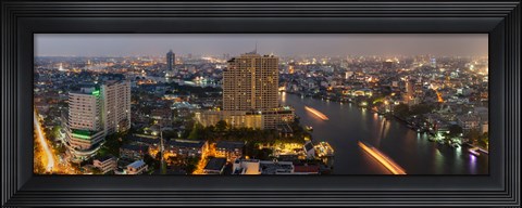 Framed High angle view of city at dusk, Chao Phraya River, Bangkok, Thailand Print