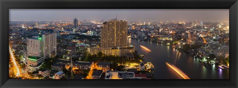 Framed High angle view of city at dusk, Chao Phraya River, Bangkok, Thailand Print