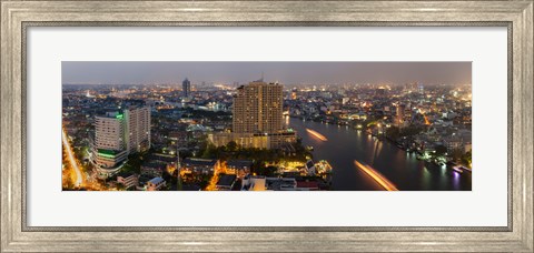 Framed High angle view of city at dusk, Chao Phraya River, Bangkok, Thailand Print