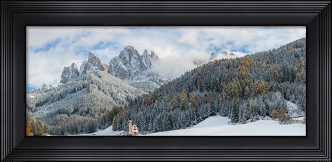 Framed Little church at the snowy valley in winter, St Johann Church, Val di Funes, Dolomites, Italy Print