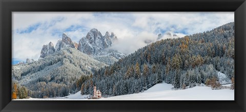 Framed Little church at the snowy valley in winter, St Johann Church, Val di Funes, Dolomites, Italy Print