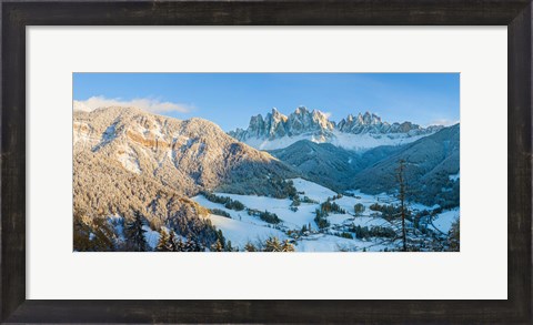 Framed Snowy valley in winter, St. Magdalena, Geisler Spitzen, Val di Funes, Dolomites, Trentino-Alto Adige, South Tyrol, Italy Print