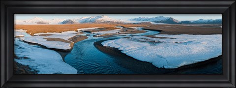 Framed Snow along a river with mountains in background, Eskey, Hofn, Iceland Print