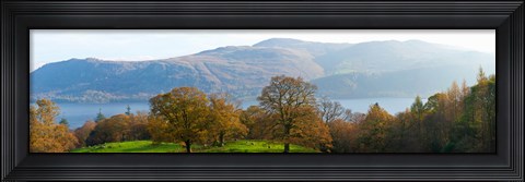 Framed Autumn trees with mountains in background, Derwent Water, Lake District National Park, Cumbria, England Print