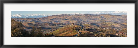 Framed High angle view of vineyards and castle, Grinzane Cavour, Langhe, Cuneo Province, Piedmont, Italy Print