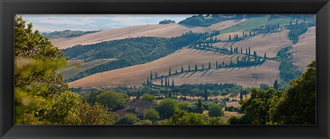 Framed High angle view of winding road in valley, Tuscany, Italy Print