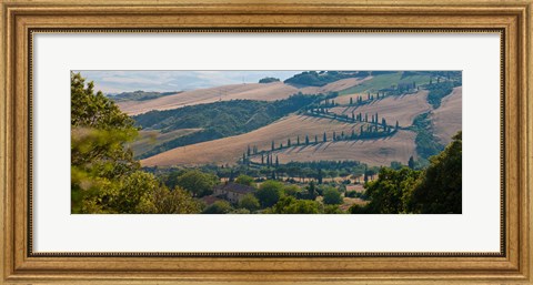 Framed High angle view of winding road in valley, Tuscany, Italy Print