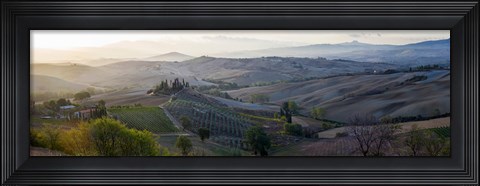 Framed Valley at sunrise, Val d&#39;Orcia, Tuscany, Italy Print