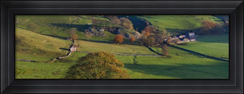 Framed High angle view of a village in valley, Dove Dale, White Peak, Peak District National Park, Derbyshire, England Print