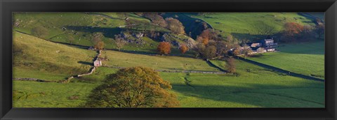 Framed High angle view of a village in valley, Dove Dale, White Peak, Peak District National Park, Derbyshire, England Print