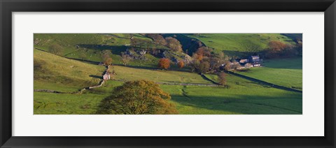 Framed High angle view of a village in valley, Dove Dale, White Peak, Peak District National Park, Derbyshire, England Print