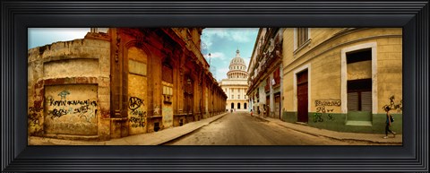 Framed Buildings along street, El Capitolio, Havana, Cuba Print