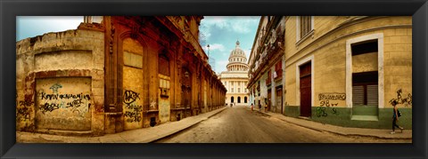 Framed Buildings along street, El Capitolio, Havana, Cuba Print