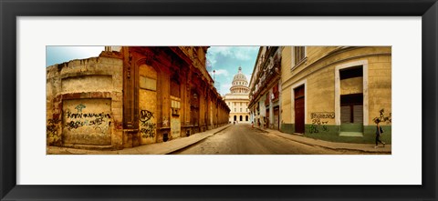 Framed Buildings along street, El Capitolio, Havana, Cuba Print