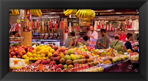 Framed Fruits at market stalls, La Boqueria Market, Ciutat Vella, Barcelona, Catalonia, Spain Print