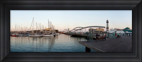 Framed Boats at a harbor, Port Vell, Barcelona, Catalonia, Spain Print