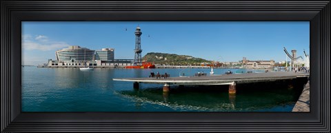 Framed Pier on the sea with World Trade Centre in the background, Port Vell, Barcelona, Catalonia, Spain Print
