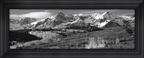 Framed Mountains covered with snow and fall colors, near Telluride, Colorado (black and white) Print