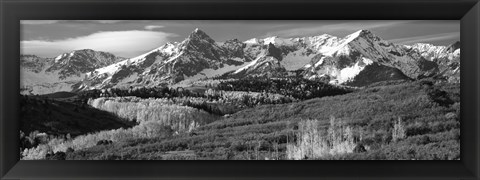 Framed Mountains covered with snow and fall colors, near Telluride, Colorado (black and white) Print