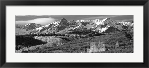 Framed Mountains covered with snow and fall colors, near Telluride, Colorado (black and white) Print