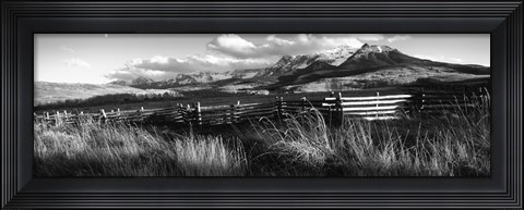 Framed Fence with mountains in the background, Colorado (black and white) Print