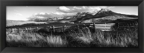 Framed Fence with mountains in the background, Colorado (black and white) Print